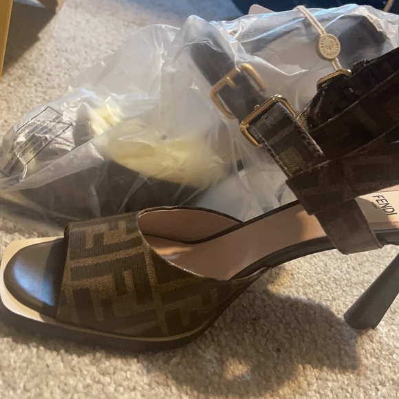 Authentic Fendi Logo  embossed canvas high heel sandals